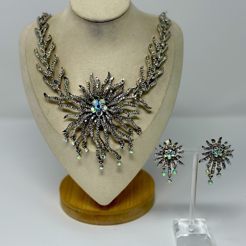 Vintage AB Rhinestone GLITZ Necklace & Clip On Earring SET Silver Tone​​​
